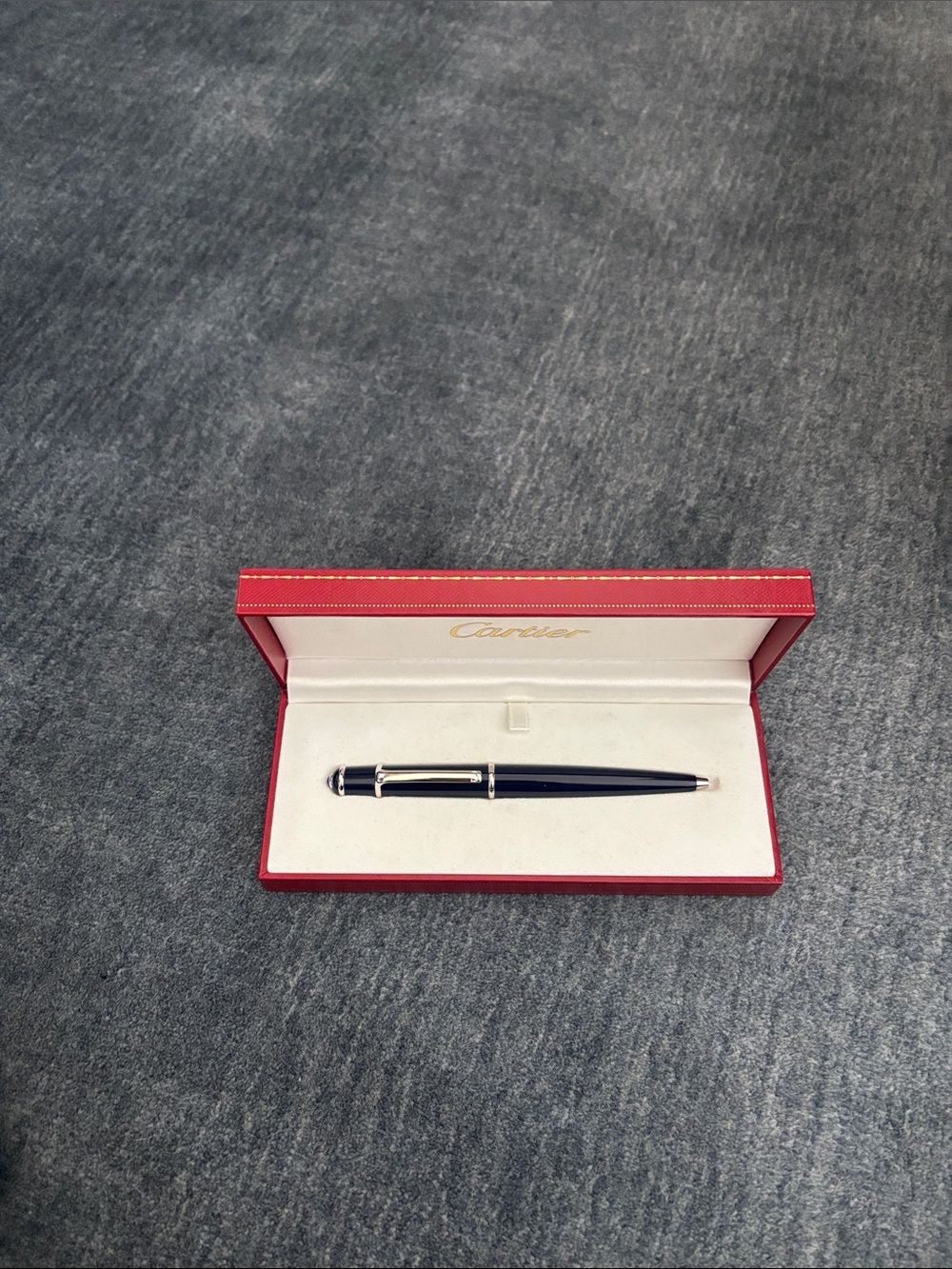 Cartier Black Rollerball Pen with Silver Trim in Red Case